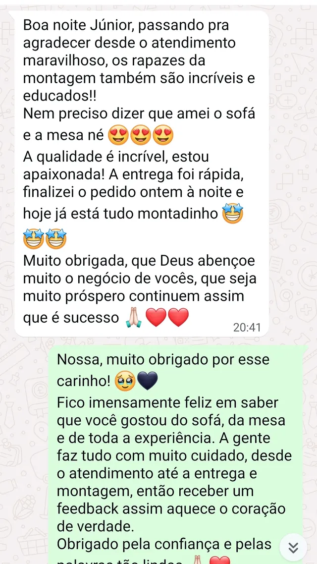 Cliente agradecendo o atendimento, entrega e montagem no mesmo dia