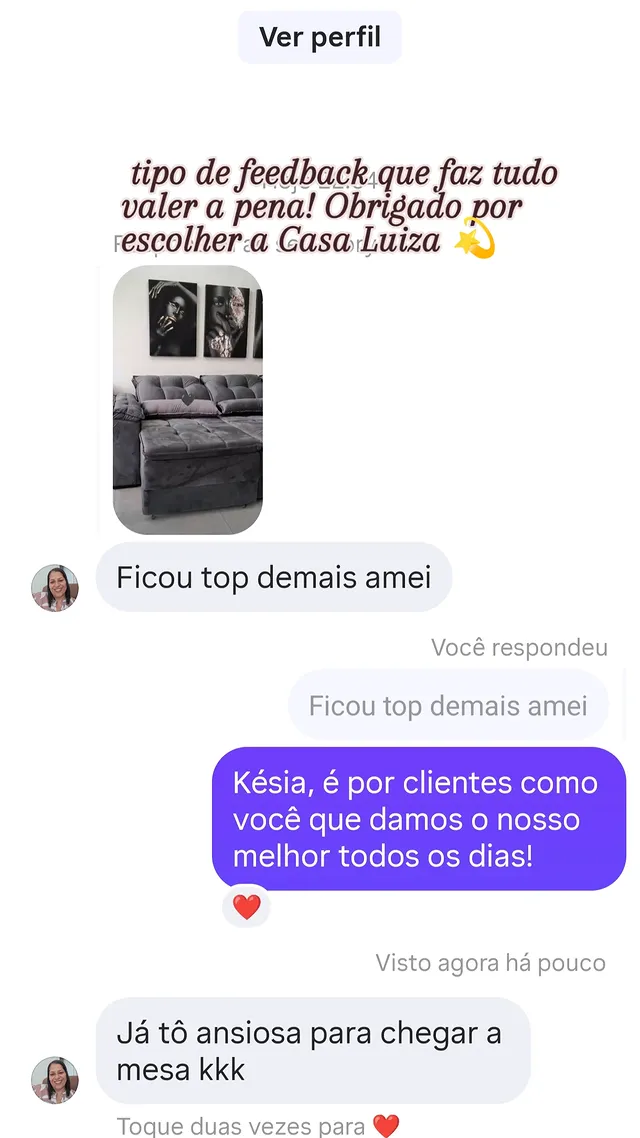 Cliente Késia elogiando o sofá entregue pela Casa Luiza