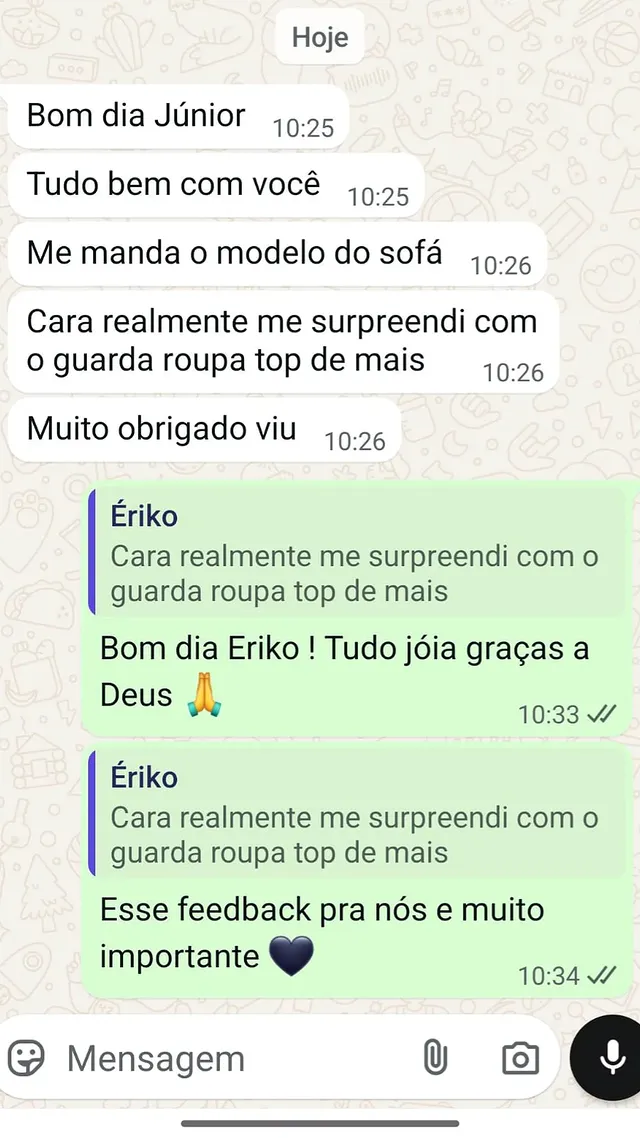 Cliente Ériko surpreendido com a qualidade do móvel